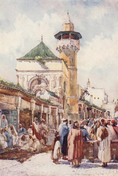Moskeen i Sidi Ben Ziad, Tunis, auktionsdagen (farvelitografi) af Frances Nesbitt
