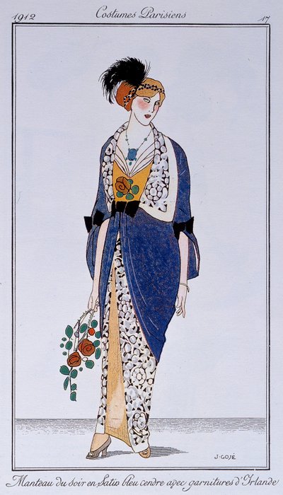 Parisiske kostumer: Askblå aftenfrakke i satin med irske detaljer. Tegning af Francisco Javier Gose (1876-1915) Ec. Esp. af Francesc Xavier Gosé