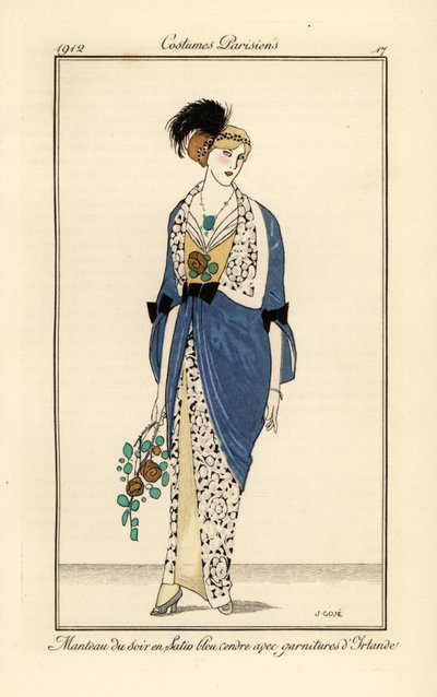 Kvinde i aftenkjole af askeblå satin med irske blonder. Aftenfrakke i askeblå satin med irske besætninger. Håndfarvet pochoir (stencil) radering efter en illustration af Xavier Gose fra Tommaso Antonginis Journal des Dames et des Modes, Au af Francesc Xavier Gosé
