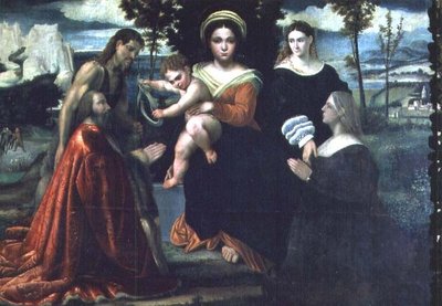 Madonna og barn troner sammen med helgener og donorer af Francesco Torbido