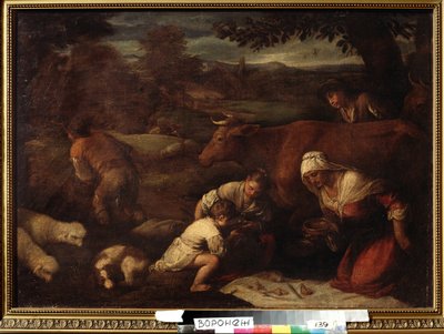 ""Le soir"" (aften) Familie af hyrder, kvinder og børn spiser frokost på græsset. Maleri af følget af Jacopo Bassano (da Ponte) (1510-1592) 1500-tallets Ivan Kramskoy (eller Kramskoi) Fine Arts Museum i Voronezh (Voronezh), Rusland. af Francesco (circle of) Bassano