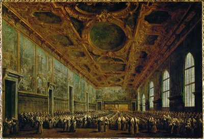 Efter sit valg takker Dogen det store råd i den store rådssal i Dogepaladset i Venedig, Italien ... af Francesco (circle of) Guardi