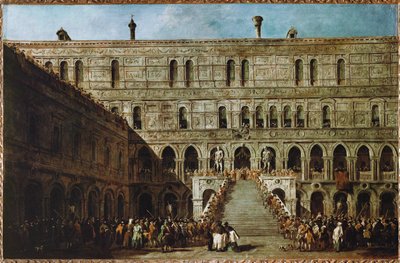 Kroning af dogen af Venedig på trappen til giganterne i det hertugelige palads ... af Francesco (circle of) Guardi