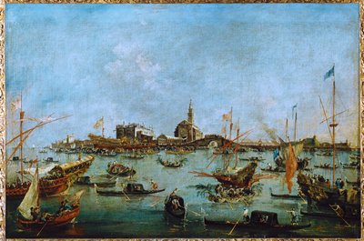 Dogen i sin gyldne gondol, Bucintoro, passerer San Niccolo del Lido ... af Francesco (circle of) Guardi
