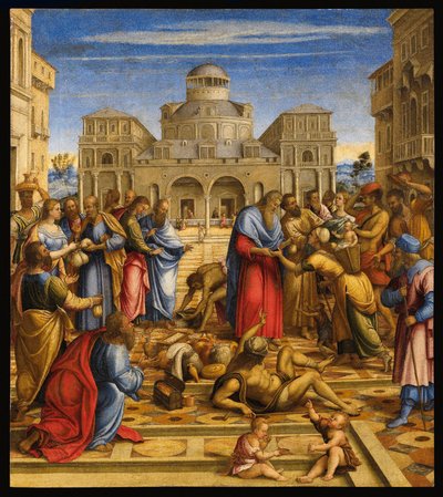 Sankt Johannes kapellan (Johannes V af Alexandria eller Johannes af Cypern) (556-619), ortodoks patriark af Alexandria, der uddeler penge til de fattige i byens gader - Johannes den Barmhjertige i Alexandria - Maleri af Francesco di Bernardo de Vecchi Sant af Francesco (fl.1508-45) Rizzi da Santacroce