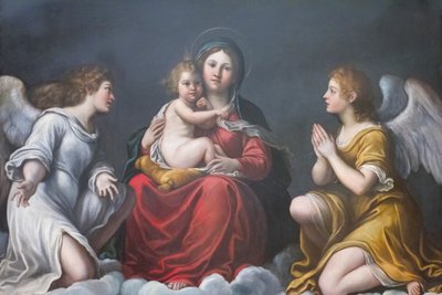 Madonna og barn med engle (olie på skifer) af Francesco Albani