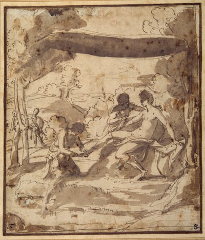 Venus, tilbagelænet under en rustik baldakin, med Adonis, der spænder sin sandal (pen og blæk med vask på papir) af Francesco Albani