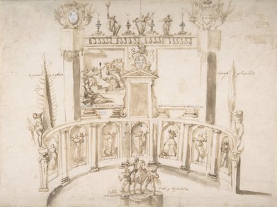 Design til en havefest med en halvcirkelformet væg og statuer i nicher., ca. 1635-79. af Francesco Allegrini
