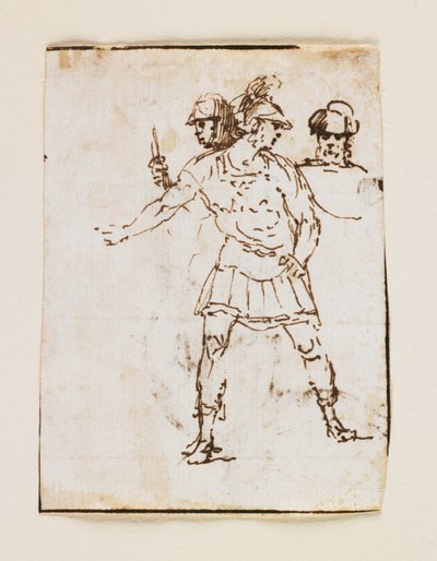 Studie af to romerske soldater og en skægget figur (recto); Studie af en skægget mand, der går med en pind (verso) (pen og brunt blæk) af Francesco Allegrini
