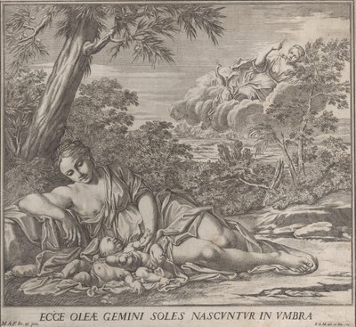 Latona og hendes sovende tvillinger, Apollo og Diana, i et landskab, 1705. af Francesco Antonio Meloni