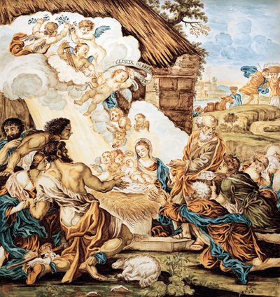 Tremmeseng, malet majolica tallerken, af Francesco Antonio Xaverio Grue (1686-1746), Abruzzo Castelli fremstilling, Italien af Francesco Antonio Xaverio Grue