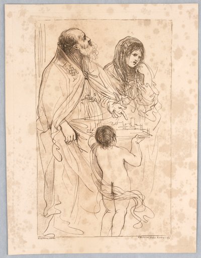 En biskopshelgen, der peger på en modelby, med andre figurer, efter en tegning af Guercino af Francesco Bartolozzi