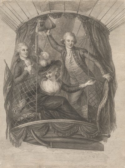 Ascension af Madame Sage, Chevalier Biggin og kaptajn Vincent Lunardi i en ballon, 20. juni 1785 af Francesco Bartolozzi