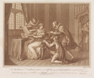 Dukes of Northumberland og Suffolk beder Lady Jane Gray om at tage imod kronen Hertugerne af Northumberland og Suffolk beder Lady Jane Gray om at acceptere kronen (titel på objektet) af Francesco Bartolozzi