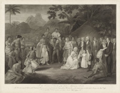 Kapitein James Wilson på Otaheité-øen Overdragelsen af Matavai (på Tahiti) til kaptajn James Wilson Overdragelsen af distriktet Matavai på øen Otaheite til kaptajn James Wilson til brug for missionærerne sendt dertil af dette selskab af Francesco Bartolozzi