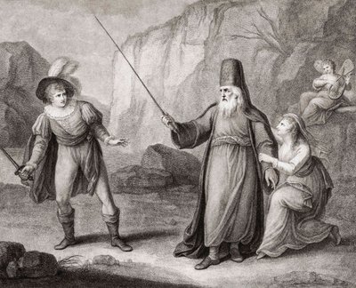 Prospero afvæbner Ferdinand. Shakespeare. Stormen (gravering) af Francesco Bartolozzi