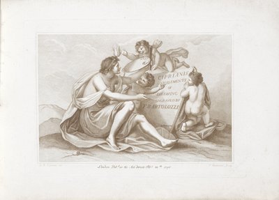Titeltryk med personificering af maleri Ciprianis principper for tegning (serietitel) Ciprianis rudiments of drawing (serietitel på objekt) af Francesco Bartolozzi