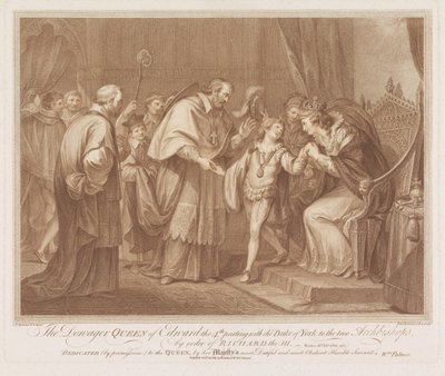 Weduwe van Edward IV staar sin zoon til twee aartsbisschoppen af Enkedronningen af Edward den 4. afsked med hertugen af York til de to ærkebiskopper efter ordre fra Richard den III (titel på objektet) af Francesco Bartolozzi