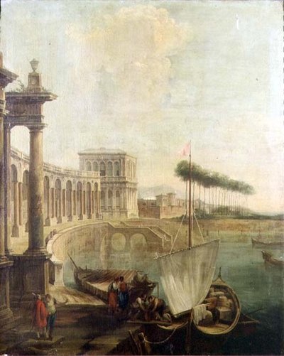 En capriccio, havn med figurer, der læsser en færge af Francesco Battaglioli