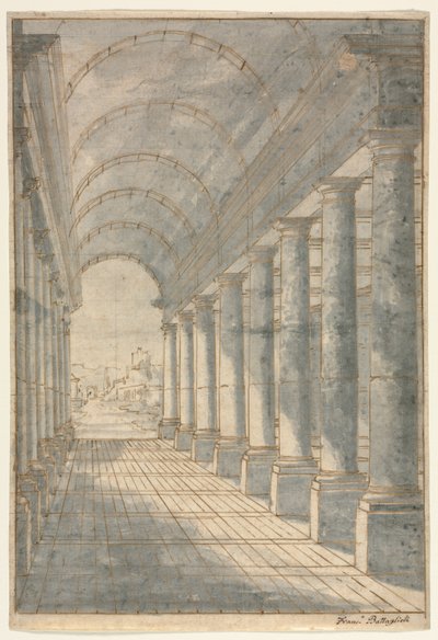 Tøndehvælvet arkade gengivet i perspektiv af Francesco Battaglioli