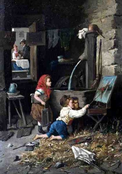 Mischief in the Studio (olie på lærred) af Francesco Bergamini