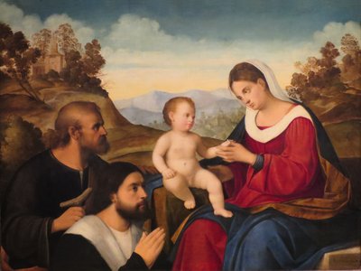 Den hellige familie med en donor i et landskab af Francesco Bissolo