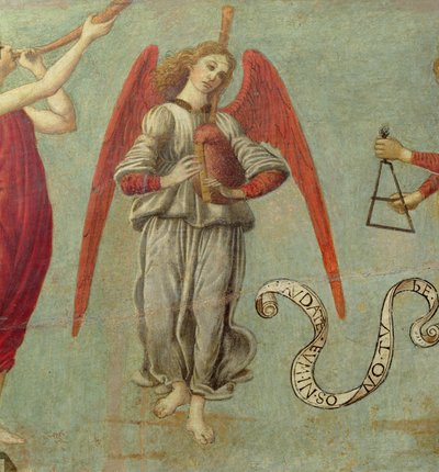 Engel spiller på sækkepibe, ca. 1475-97 tempera på paneldetalje af 64871, se også 64873 og 64874 af Francesco Botticini