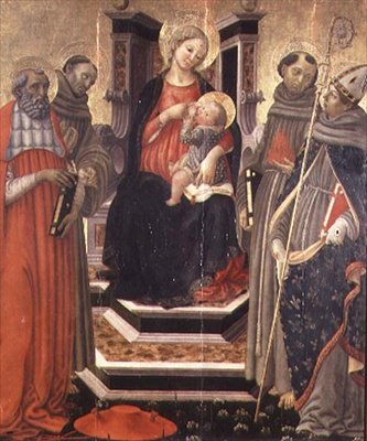 Madonna og barn med SS. Jerome, Frans af Assisi, Anthony af Padova og Ludvig af Toulouse (tempera på panel) af Francesco Botticini