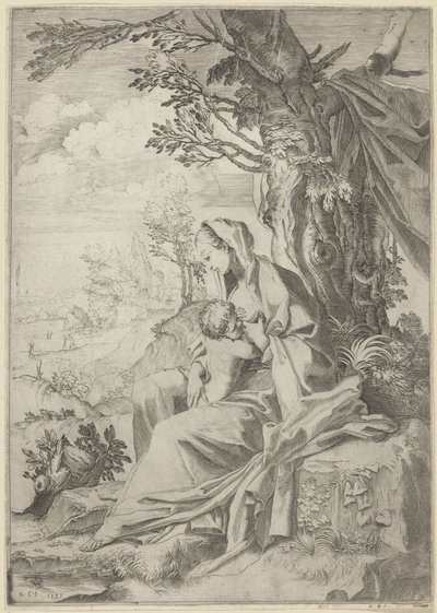 Maria dier Kristusbarnet i et landskab af Francesco Brizio
