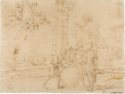Octavian, Mark Antony og Lepidus deler Romerriget med Bologna i baggrunden af Francesco Brizio