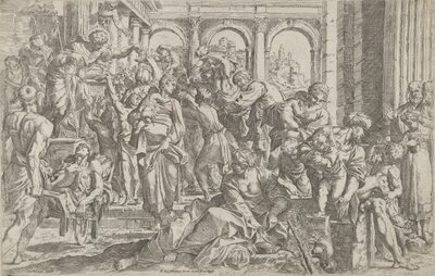 Saint Roch til venstre uddeler almisse til en gruppe mennesker, der var samlet omkring ham, efter ..., 1590-1600. af Francesco Brizio
