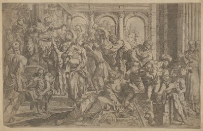 Saint Roch til venstre uddeler almisse til en gruppe mennesker, der var samlet omkring ham, efter A..., ca. 1607. af Francesco Brizio