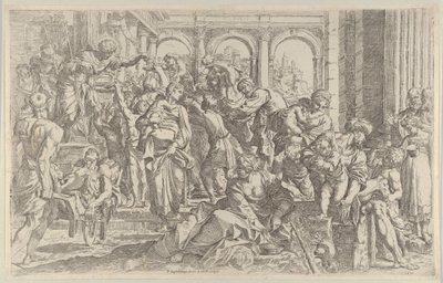Saint Roch til venstre uddeler almisse til en gruppe mennesker, der var samlet omkring ham, af..., ca. 1590-1600. af Francesco Brizio
