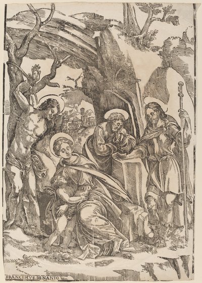 Den hellige familie med Sankt Sebastian og Sankt Roch af Francesco Denanto