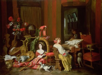 Interiør med en dame ved et cembalo af Francesco Fieravino