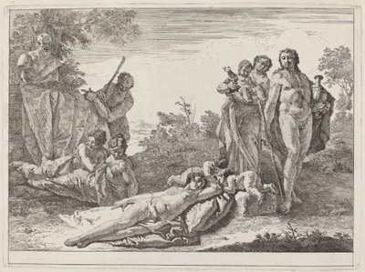 Apollo og nymfer i et landskab med en buste af pan af Francesco Fontebasso