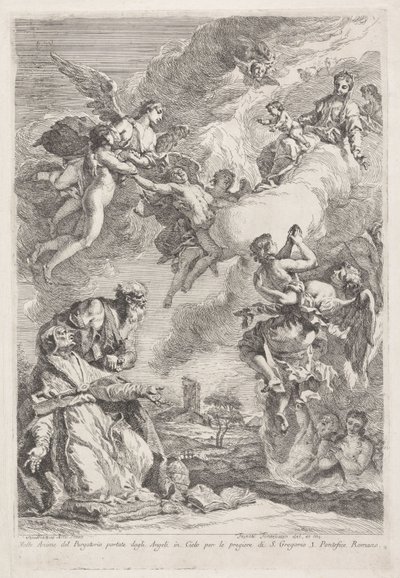 Sankt Gregor den Store og Sankt Hieronymus beder for sjæle i skærsilden Molte Anime del Purgatorio portate dagli Angeli in Cielo per le pregiere di S. Gregorio I. Pontefice Romano (titel på objektet) af Francesco Fontebasso