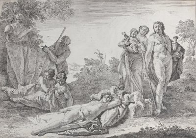 Ni figurer nær en Herm of Pan, fra Bacchanals and Histories, 1744. af Francesco Fontebasso