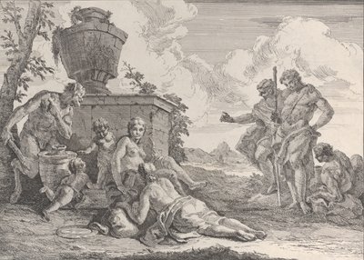 Satyr med klub og syv figurer, fra Bacchanals and Histories, 1744. af Francesco Fontebasso