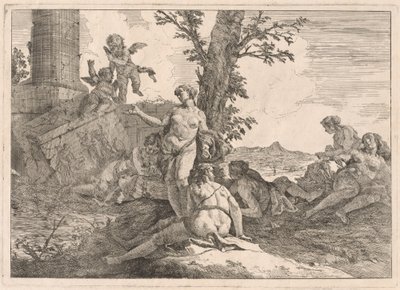 Seks nymfer og to amoriner i et landskab af Francesco Fontebasso