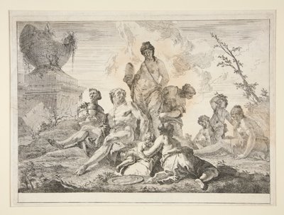 Venus, Vulcan, tre nymfer og tre keruber i et landskab af Francesco Fontebasso