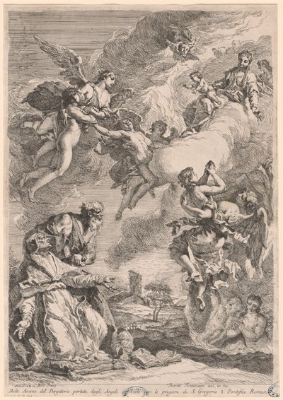Pave Gregor den Store og Saint Vitale går i forbøn for sjælene i skærsilden af Francesco Fontebasso, after Sebastiano Ricci
