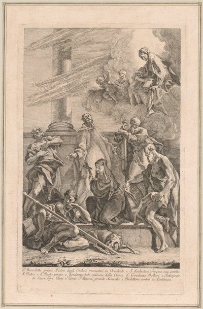 Madonnaen og barnet med to engle og hellige Scholastica, Benedikt, Roch, Peter, Paul og Jerome af Francesco Fontebasso after Sebastiano Ricci