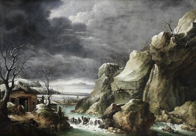 Rejsende nærmer sig en lade i et vinterlandskab under en stormfuld himmel af Francesco Foschi