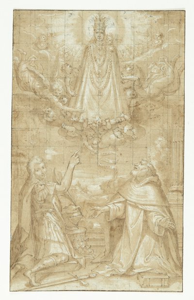 En kronet Madonna med barnet, omhængt med en kappe og tunge kæder, åbenbarer sig i skyerne, omgivet af engle og keruber, for to knælende helgener; den ene en soldat, der er martyr, den anden en gejstlig (Hyacintus?). En engel rækker et bælte eller et skrif af Francesco Francia