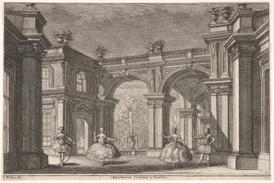 To damer og to herrer danser i udsmykkede arkitektoniske omgivelser, et springvand ved..., 1765. af Francesco Galli Bibiena