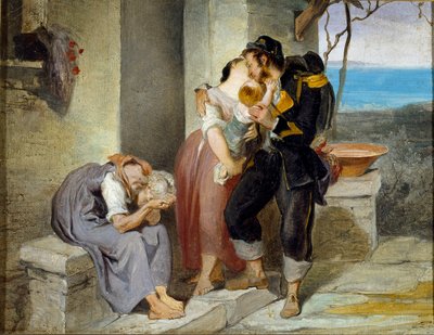 Soldatens afgang Fra en familie forlader soldaten sin kone og barn i tårer for at gå i krig. Maleri af Francesco Gandolfi (1824-1873) Dim. 27x38 cm Genes Nervi, Civica Galleria d