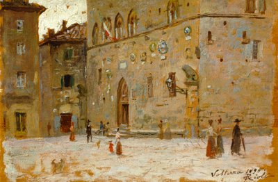 I kvadrat i Volterra af Francesco Gioli (1846-1922), olie på panel af Francesco Gioli