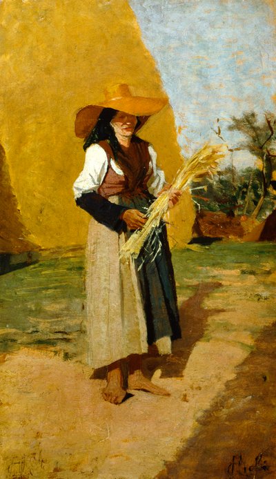 Study for Gleaner (kvindelig felthånd) af Francesco Gioli (1846-1922), olie på panel, 32x19 cm af Francesco Gioli