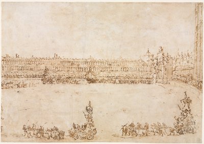En procession af triumfbiler på Piazza San Marco, Venedig, fejrer besøget..., 1782. af Francesco Guardi